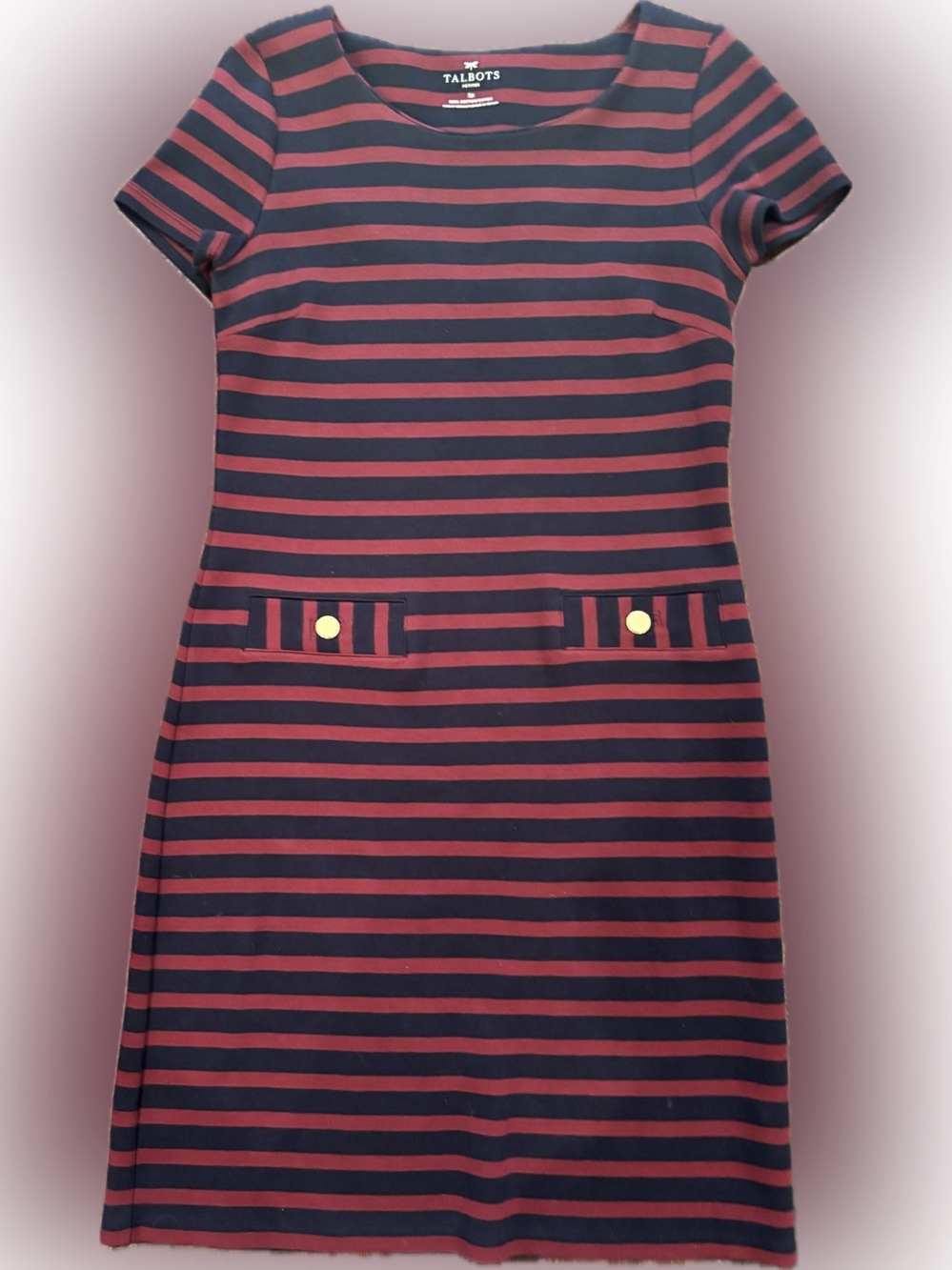 Small Navy Red Small Stripe Talbots Sheath Dress Cotton SP Classic Petite